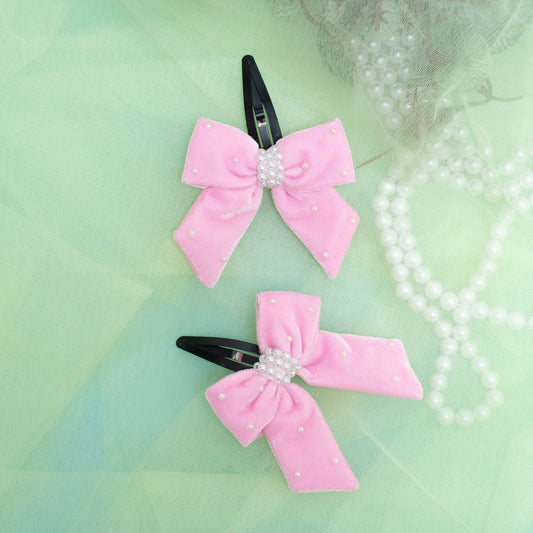Elegant velvet bow on Tic-Tac pins with pearls embellished - Light Pink (Set of 1 pairs = 2 quantity)