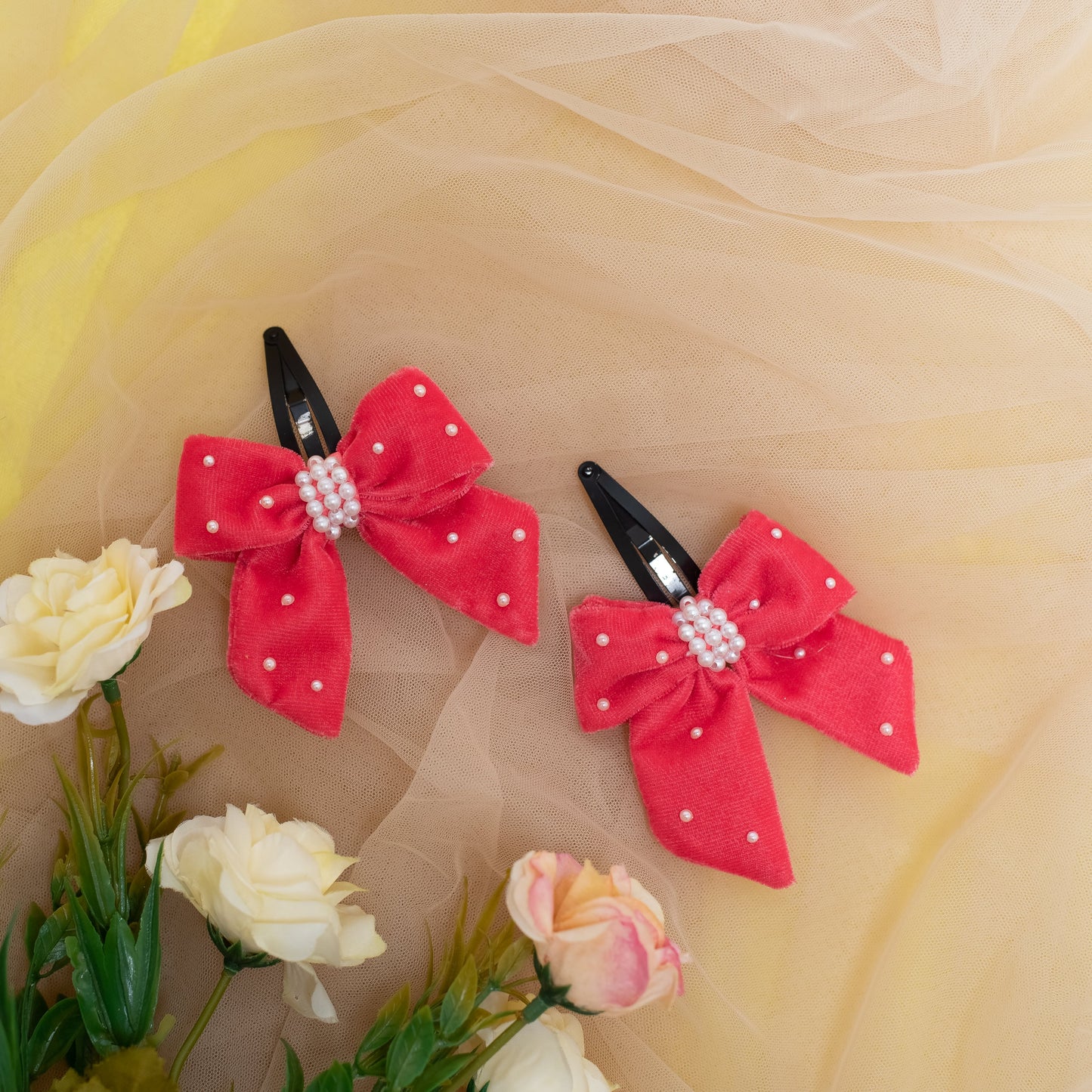 Elegant velvet bow on Tic-Tac pins with pearls embellished - Pink (Set of 1 pairs = 2 quantity)