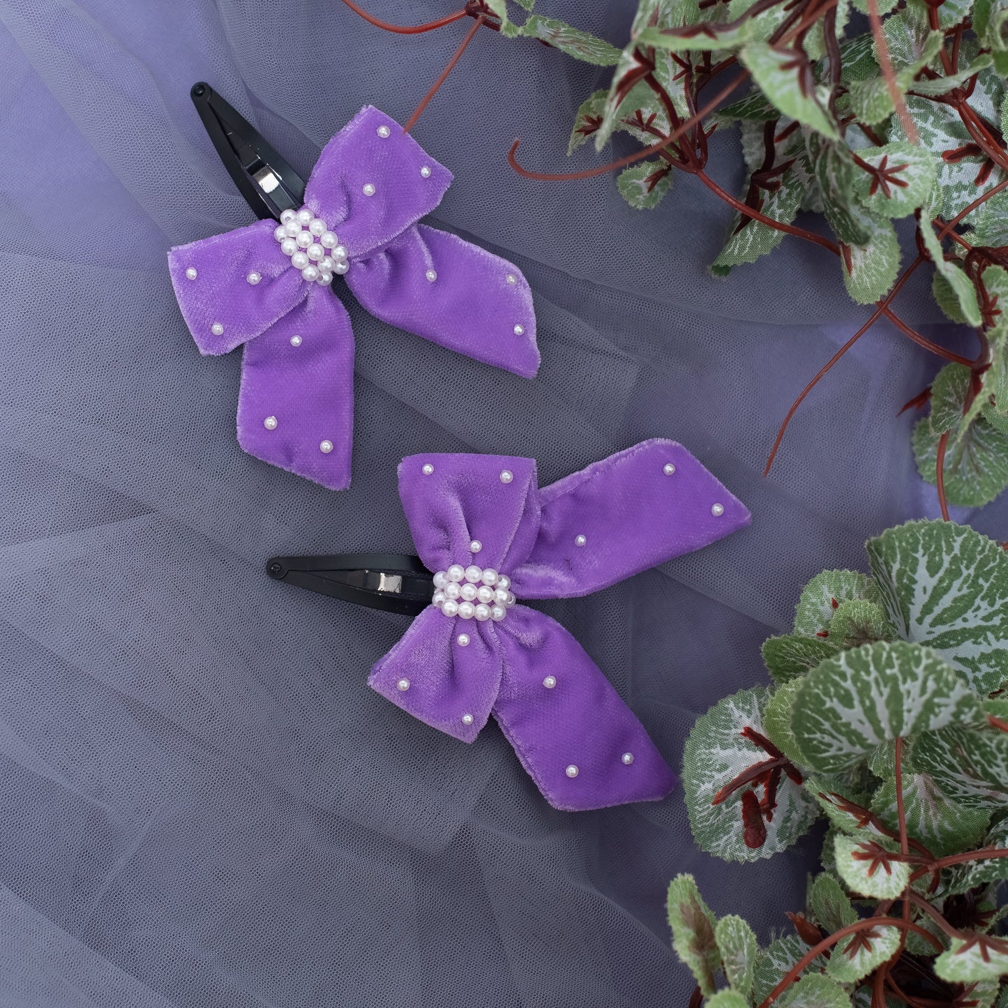 Elegant bow velvet on Tic-Tac pins with pearls embellished - Purple (Set of 1 pairs = 2 quantity)
