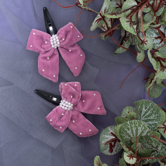 Elegant velvet bow on Tic-Tac pins with pearls embellished - Light Purple (Set of 1 pairs = 2 quantity)