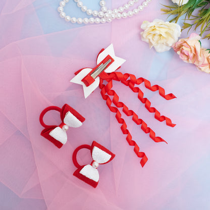 Combo: 1 Dangler Hair-pin and 2 Rubberbands with Fancy Shimmer Bow for Party -  Red, White