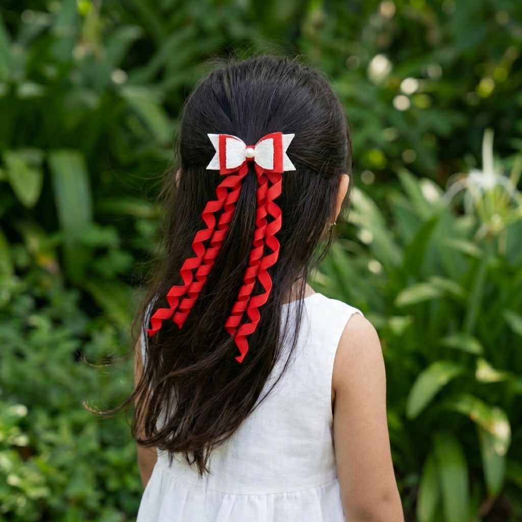 Combo: 1 Dangler Hair-pin and 2 Rubberbands with Fancy Shimmer Bow for Party -  Red, White