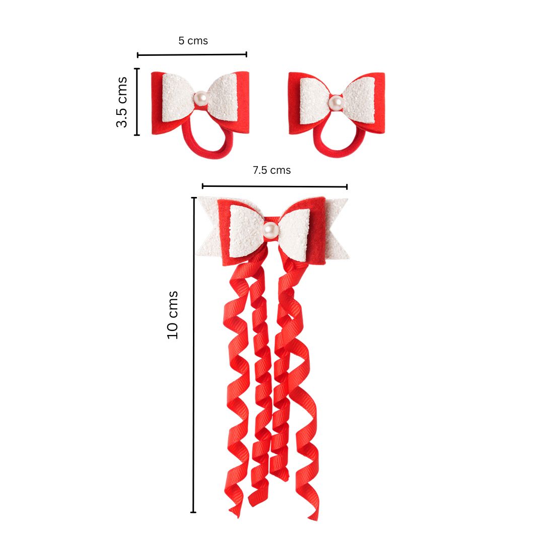 Combo: 1 Dangler Hair-pin and 2 Rubberbands with Fancy Shimmer Bow for Party -  Red, White