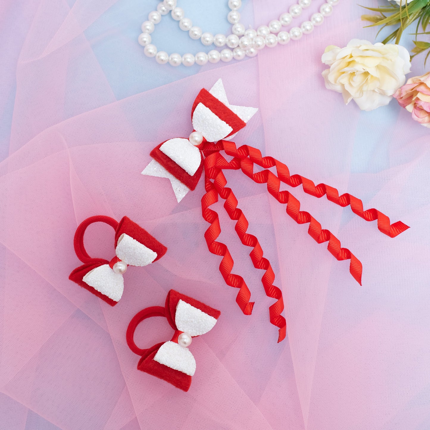 Combo: 1 Dangler Hair-pin and 2 Rubberbands with Fancy Shimmer Bow for Party -  Red, White (Set of 1 pair Rubberbands , 1 Dangler on Alligator clip = 3 quantity)