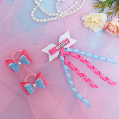 Combo: 1 Dangler Hair-pin and 2 Rubberbands with Fancy Shimmer Bow for Party -  Blue, Pink (Set of 1 pair Rubberbands , 1 Dangler on Alligator clip = 3 quantity)