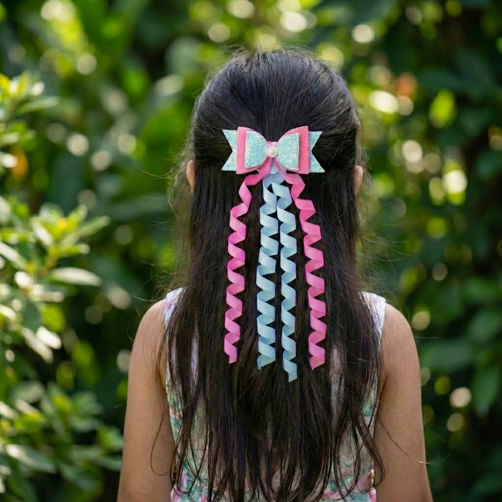 Combo: 1 Dangler Hair-pin and 2 Rubberbands with Fancy Shimmer Bow for Party -  Blue, Pink