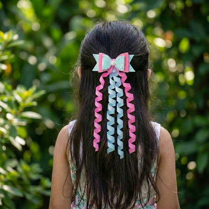 Combo: 1 Dangler Hair-pin and 2 Rubberbands with Fancy Shimmer Bow for Party -  Blue, Pink