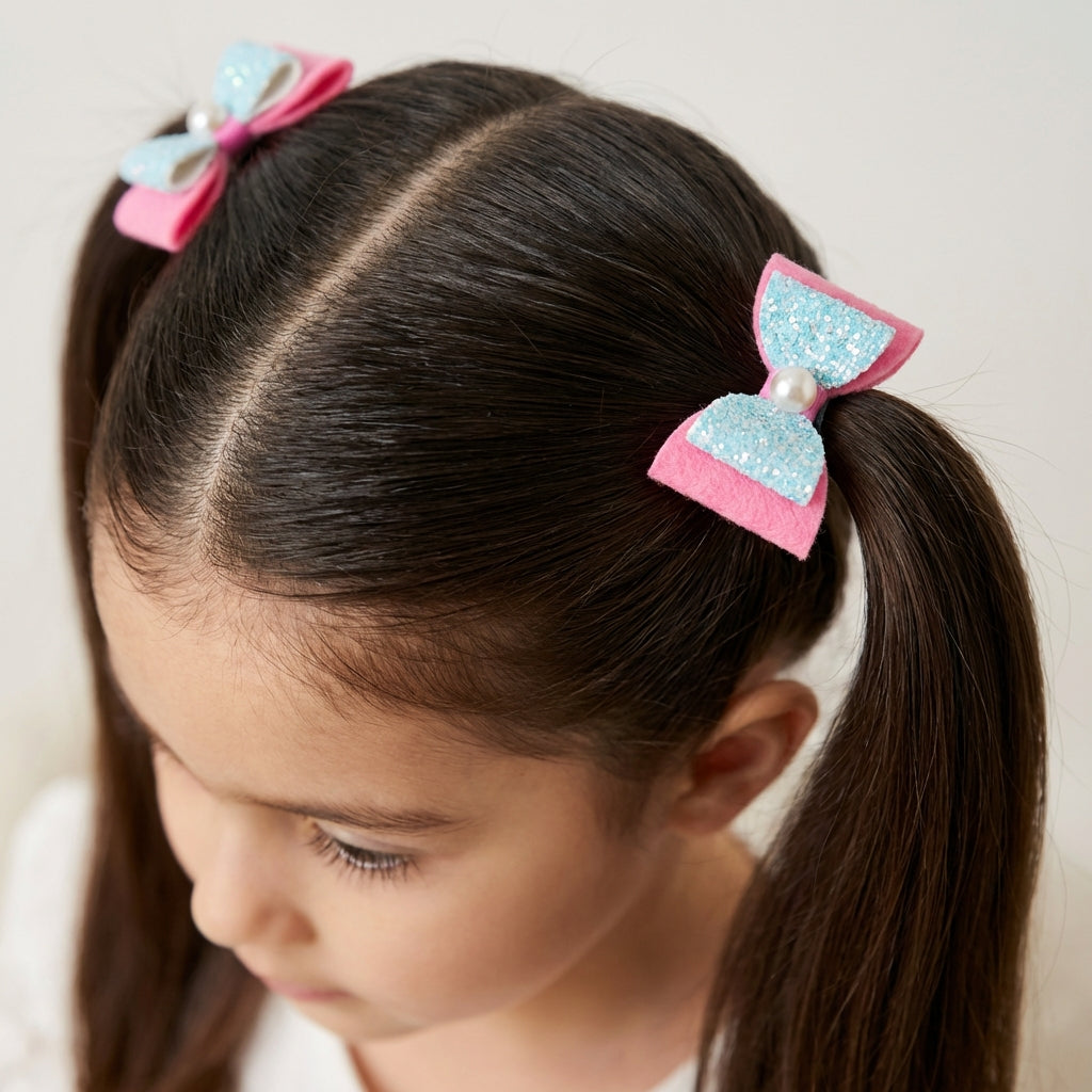 Combo: 1 Dangler Hair-pin and 2 Rubberbands with Fancy Shimmer Bow for Party -  Blue, Pink