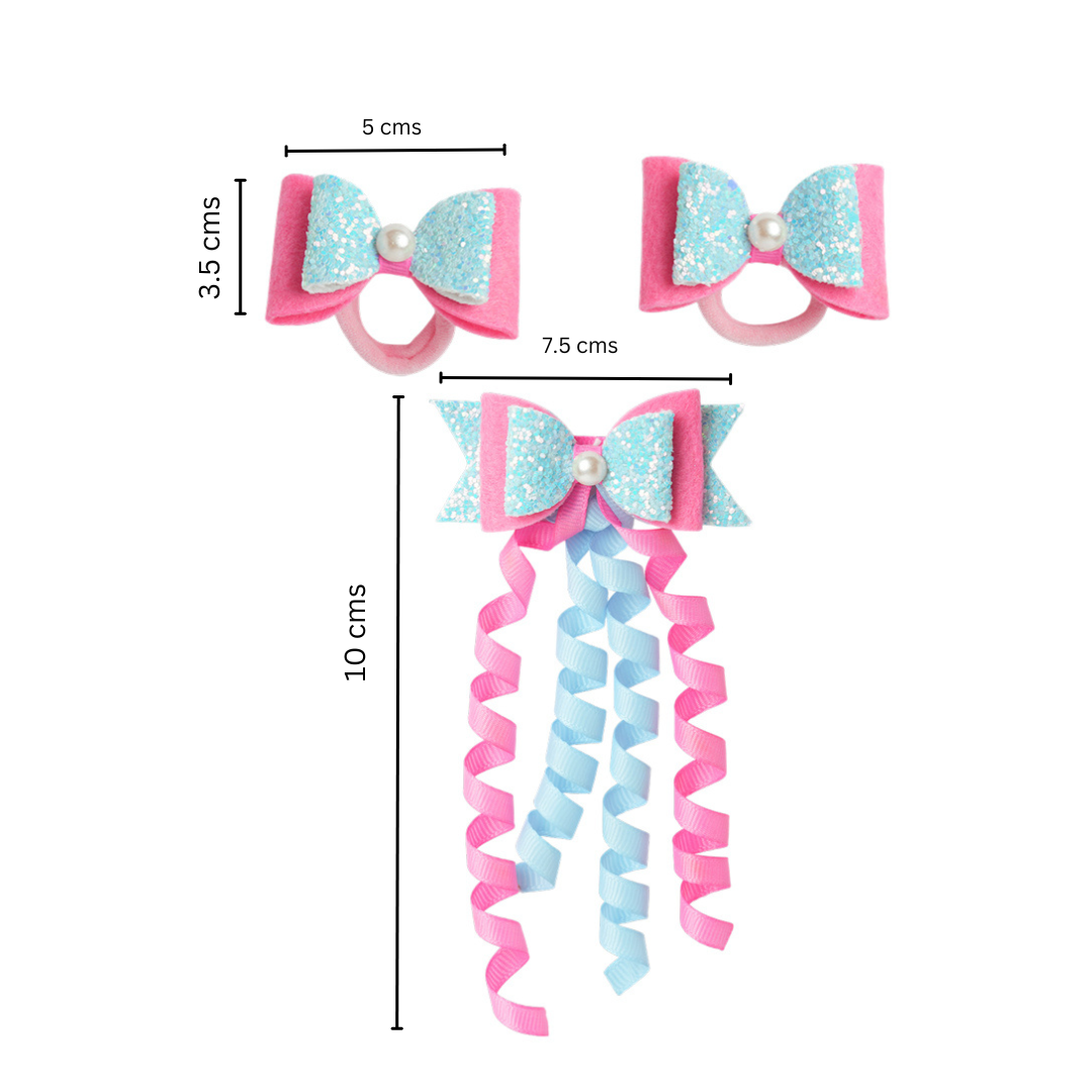 Combo: 1 Dangler Hair-pin and 2 Rubberbands with Fancy Shimmer Bow for Party -  Blue, Pink
