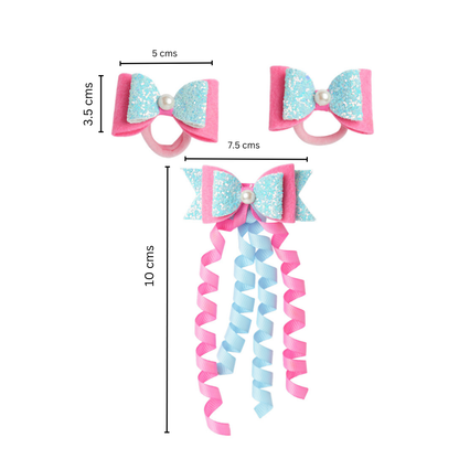 Combo: 1 Dangler Hair-pin and 2 Rubberbands with Fancy Shimmer Bow for Party -  Blue, Pink