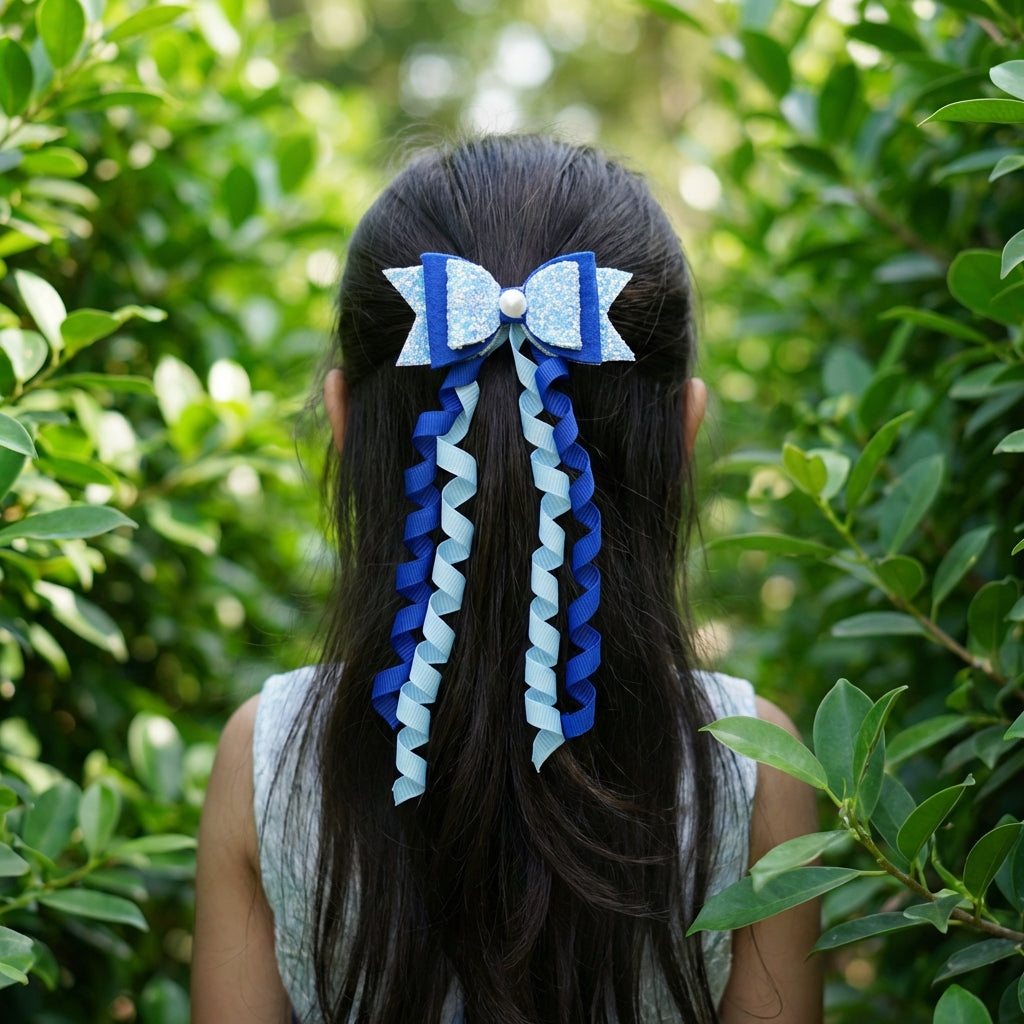 Combo: 1 Dangler Hair-pin and 2 Rubberbands with Fancy Shimmer Bow for Party -  Blue