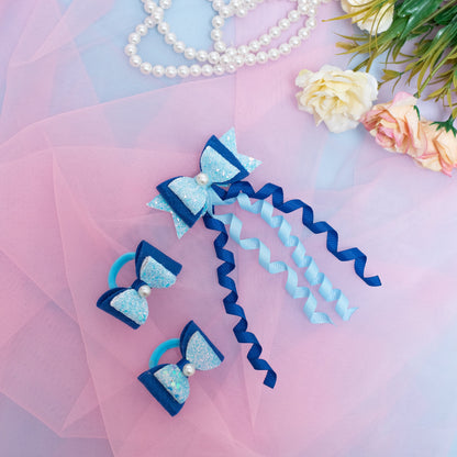 Combo: 1 Dangler Hair-pin and 2 Rubberbands with Fancy Shimmer Bow for Party -  Blue (Set of 1 pair Rubberbands , 1 Dangler on Alligator clip = 3 quantity)