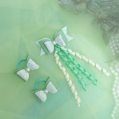 Combo: 1 Dangler Hair-pin and 2 Rubberbands with Fancy Shimmer Bow for Party -  Sea Green (Set of 1 pair Rubberbands , 1 Dangler on Alligator clip = 3