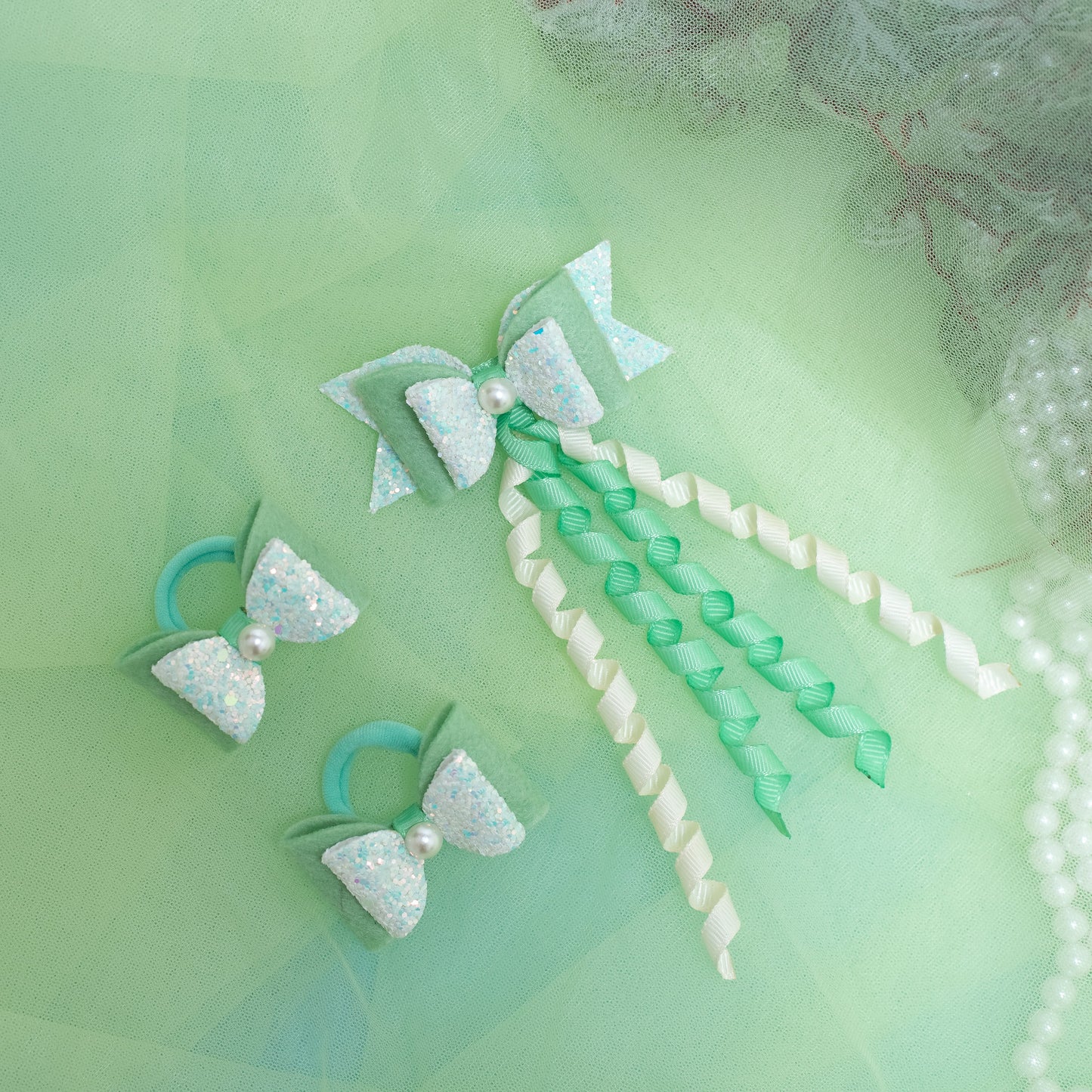 Combo: 1 Dangler Hair-pin and 2 Rubberbands with Fancy Shimmer Bow for Party -  Sea Green