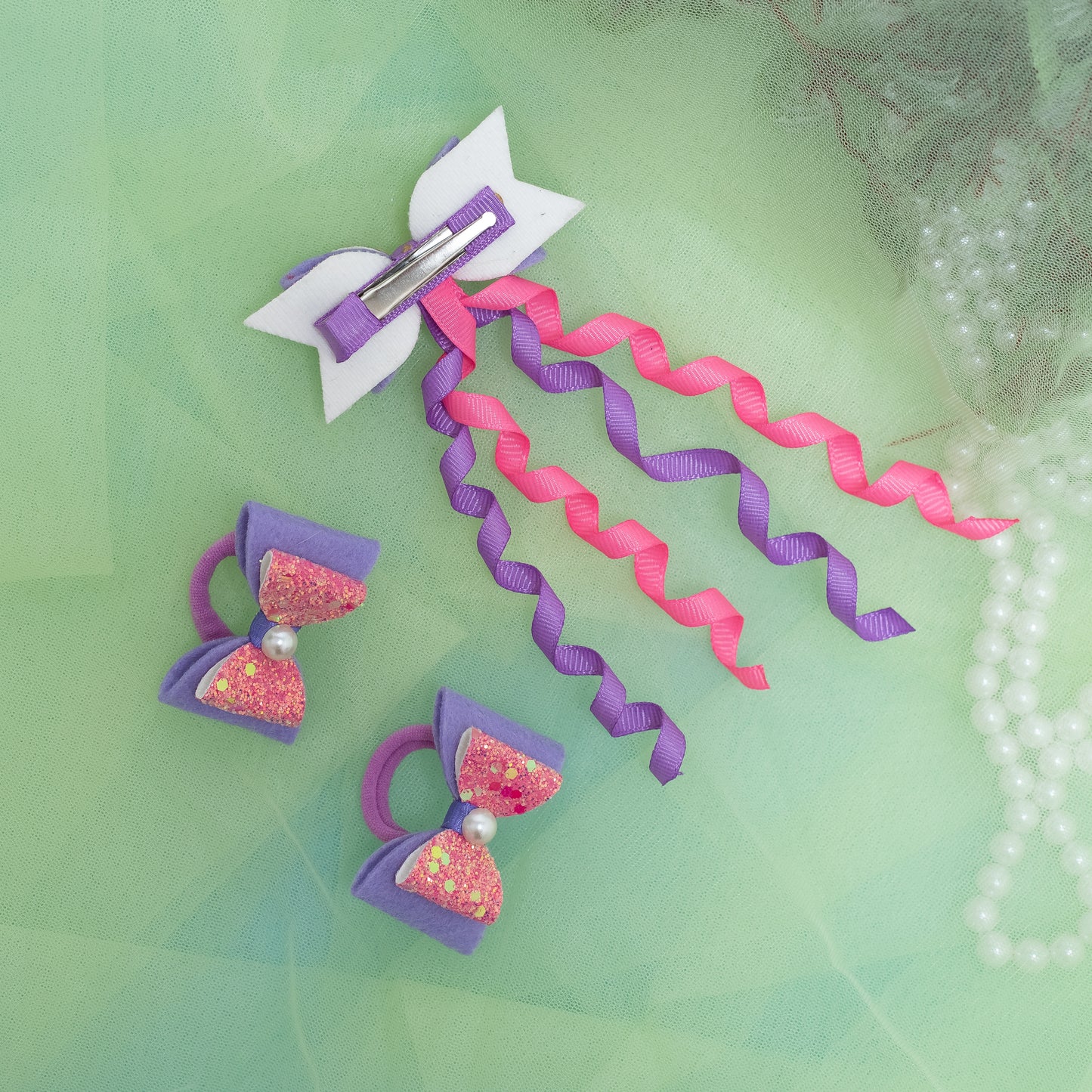 Combo: 1 Dangler Hair-pin and 2 Rubberbands with Fancy Shimmer Bow for Party -  Pink, Purple (Set of 1 pair Rubberbands , 1 Dangler on Alligator clip = 3