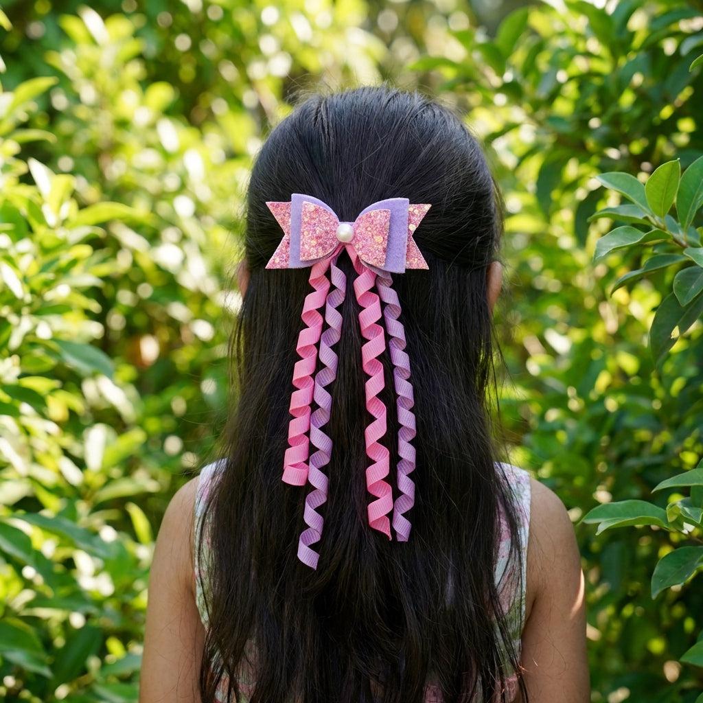 Combo: 1 Dangler Hair-pin and 2 Rubberbands with Fancy Shimmer Bow for Party -  Pink, Purple