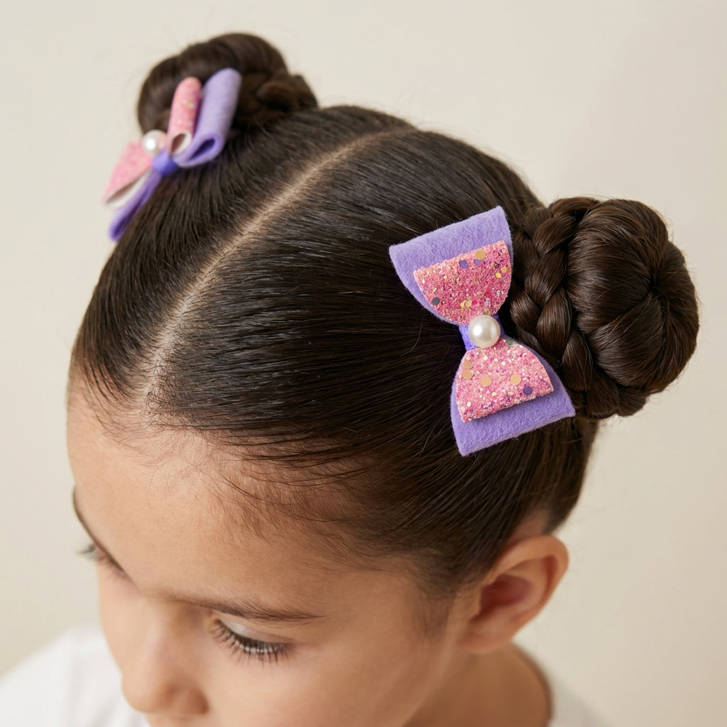 Combo: 1 Dangler Hair-pin and 2 Rubberbands with Fancy Shimmer Bow for Party -  Pink, Purple