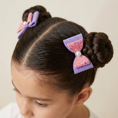 Combo: 1 Dangler Hair-pin and 2 Rubberbands with Fancy Shimmer Bow for Party -  Pink, Purple