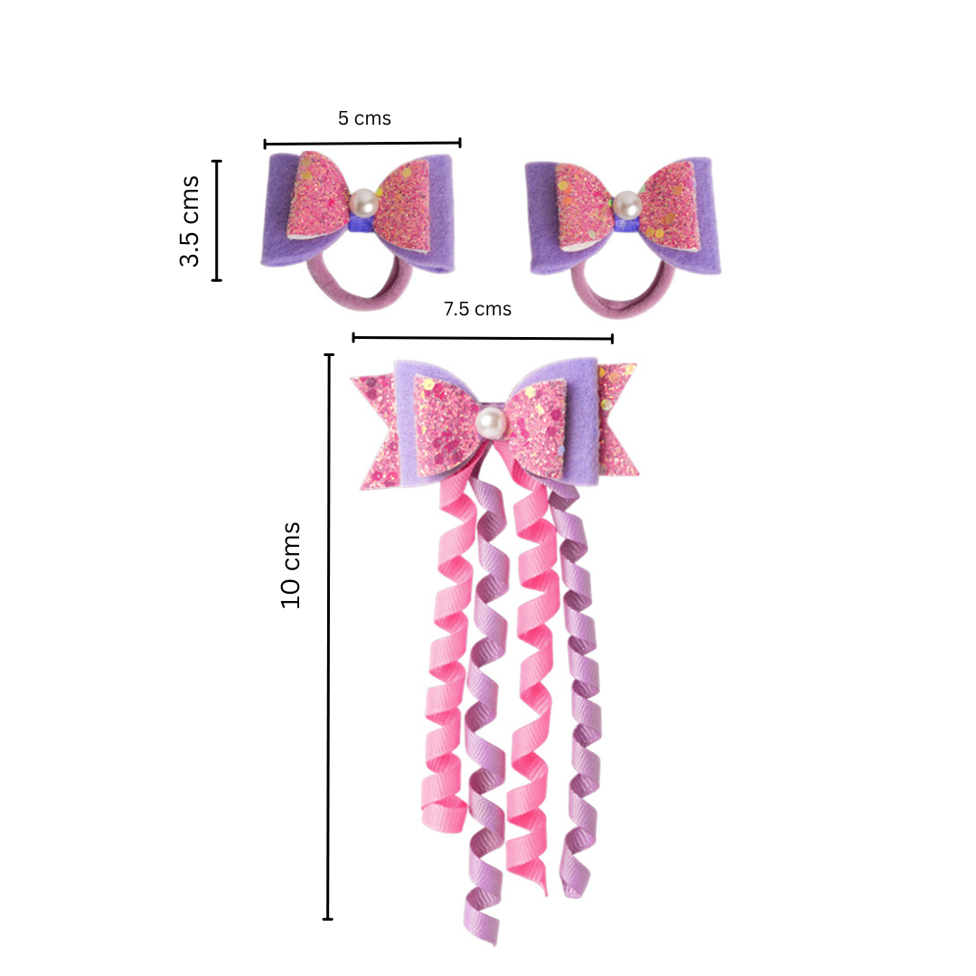 Combo: 1 Dangler Hair-pin and 2 Rubberbands with Fancy Shimmer Bow for Party -  Pink, Purple