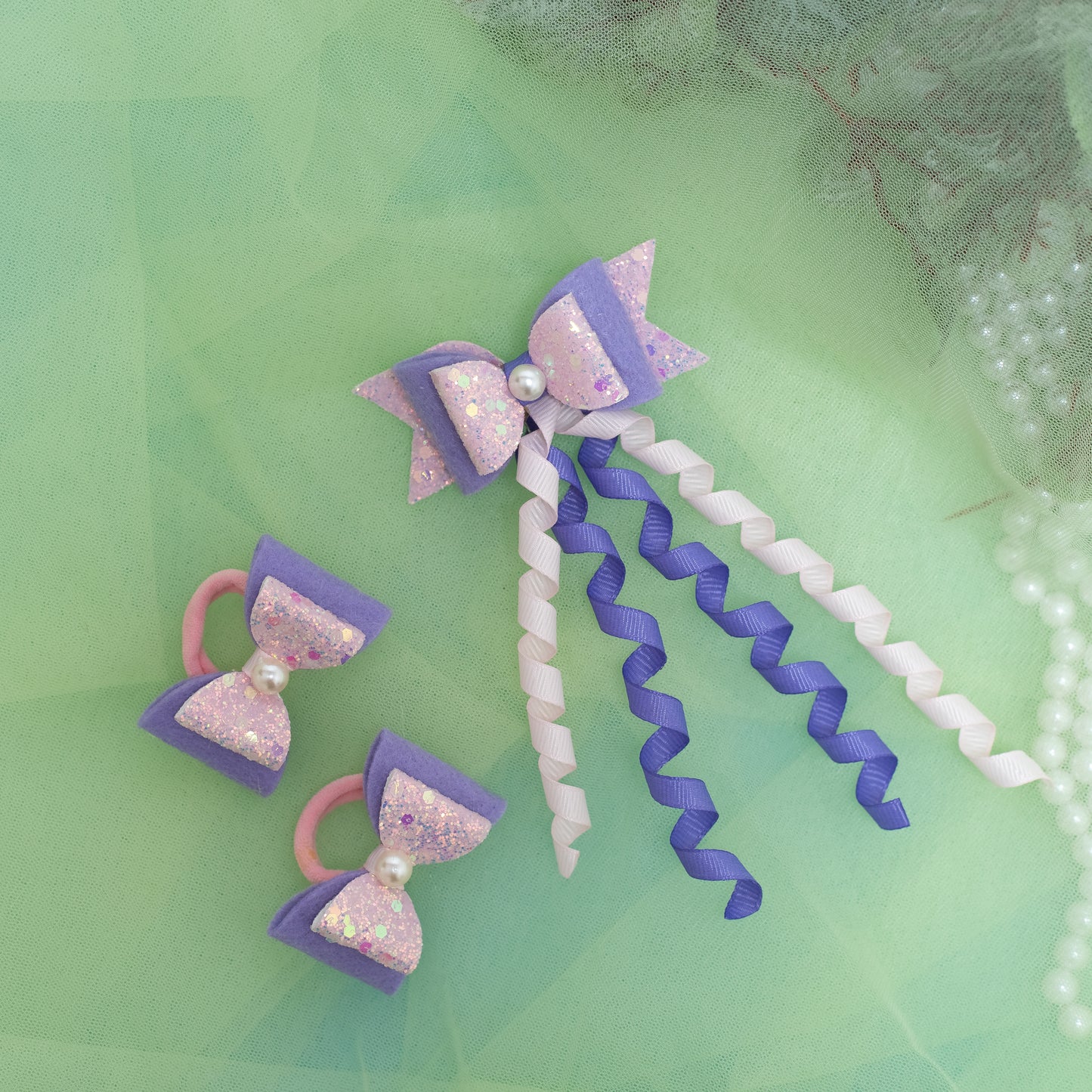 Combo: 1 Dangler Hair-pin and 2 Rubberbands with Fancy Shimmer Bow for Party -  Light Pink, Purple (Set of 1 pair Rubberbands , 1 Dangler on Alligator clip = 3
