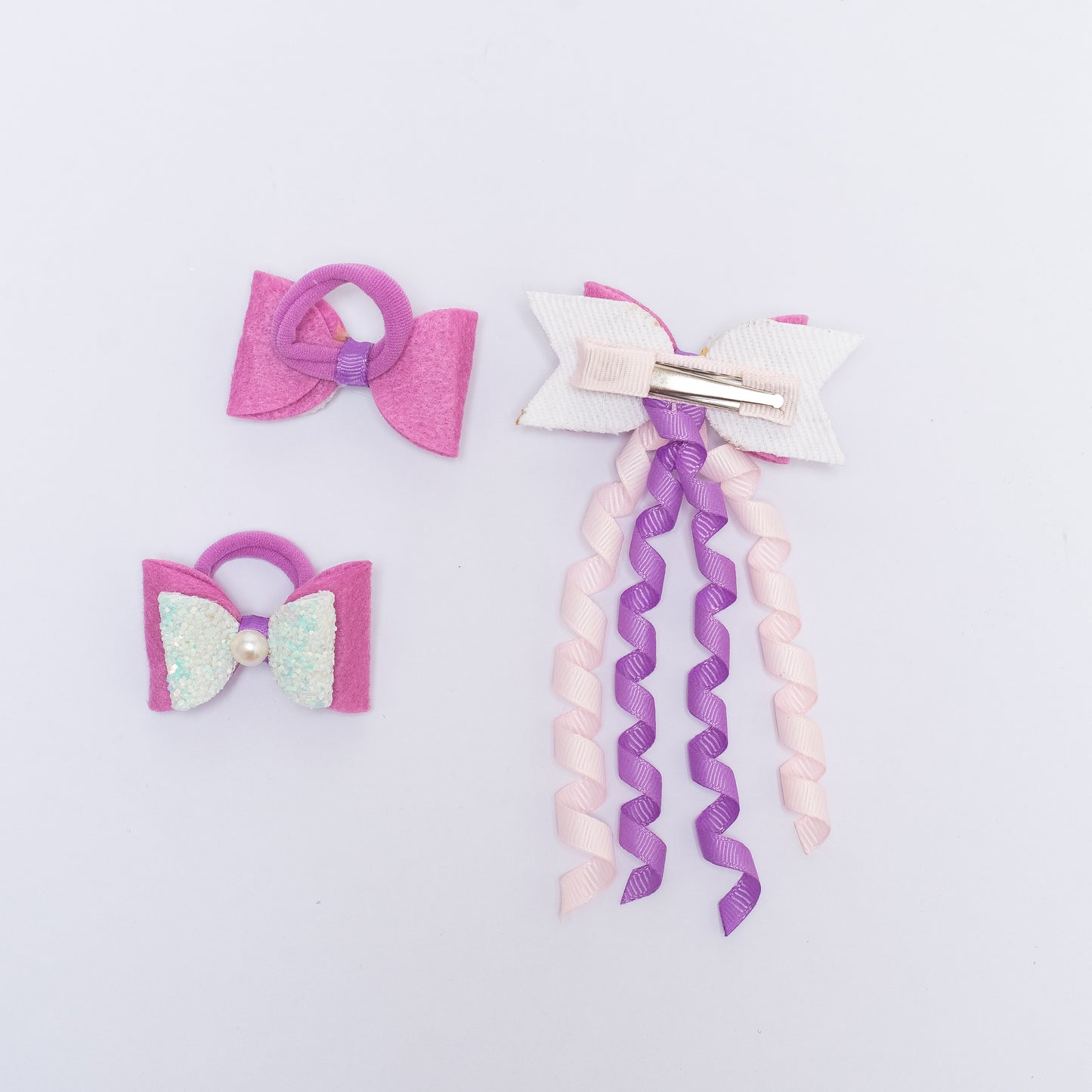 Combo: 1 Dangler Hair-pin and 2 Rubberbands with Fancy Shimmer Bow for Party - Light Blue, Light Pink, Purple