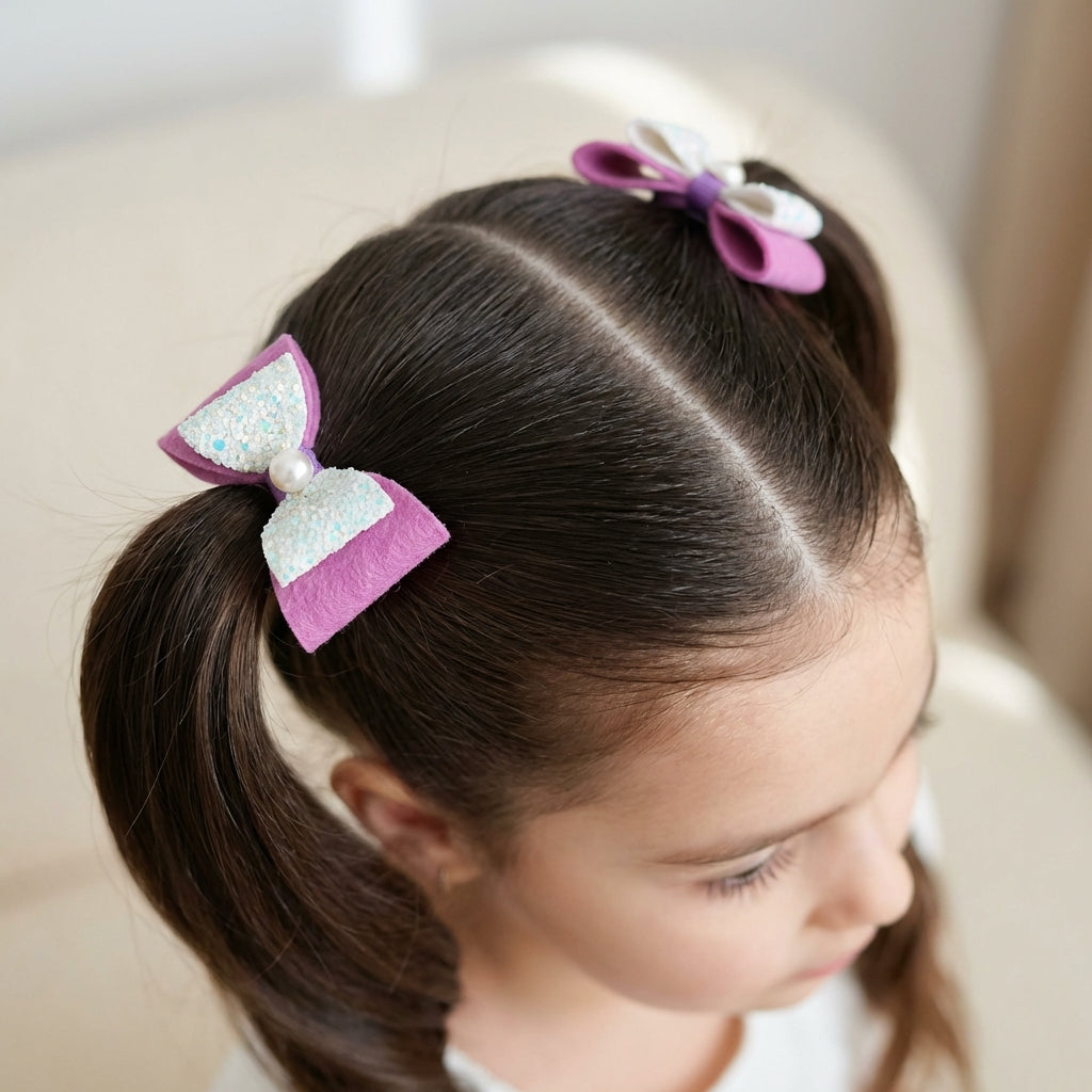 Combo: 1 Dangler Hair-pin and 2 Rubberbands with Fancy Shimmer Bow for Party -  Light Pink, Purple