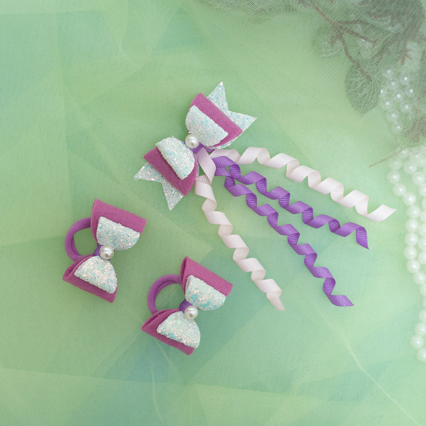 Combo: 1 Dangler Hair-pin and 2 Rubberbands with Fancy Shimmer Bow for Party - Light Blue, Light Pink, Purple