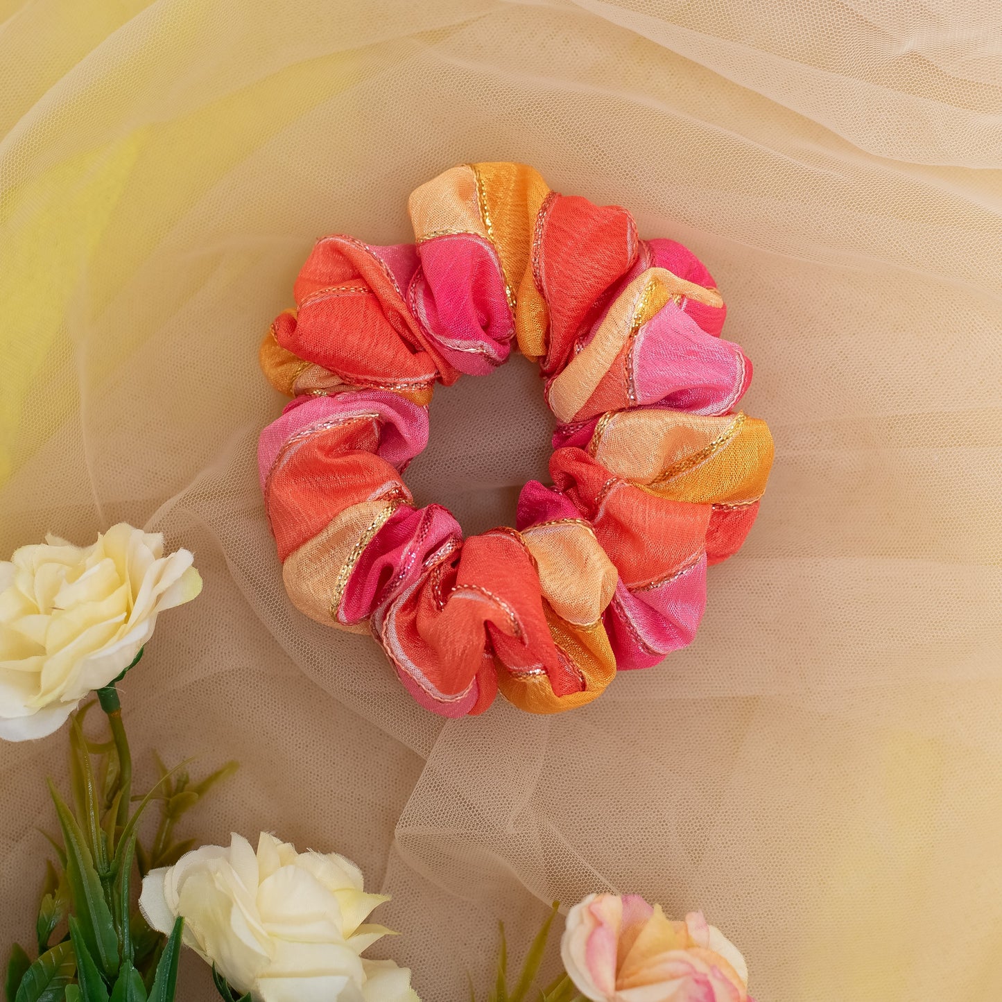 Adorable ethnic scrunchie hair tie - Pink, Yellow and Orange ( 1 Single scrunchie  = 1 quantity)