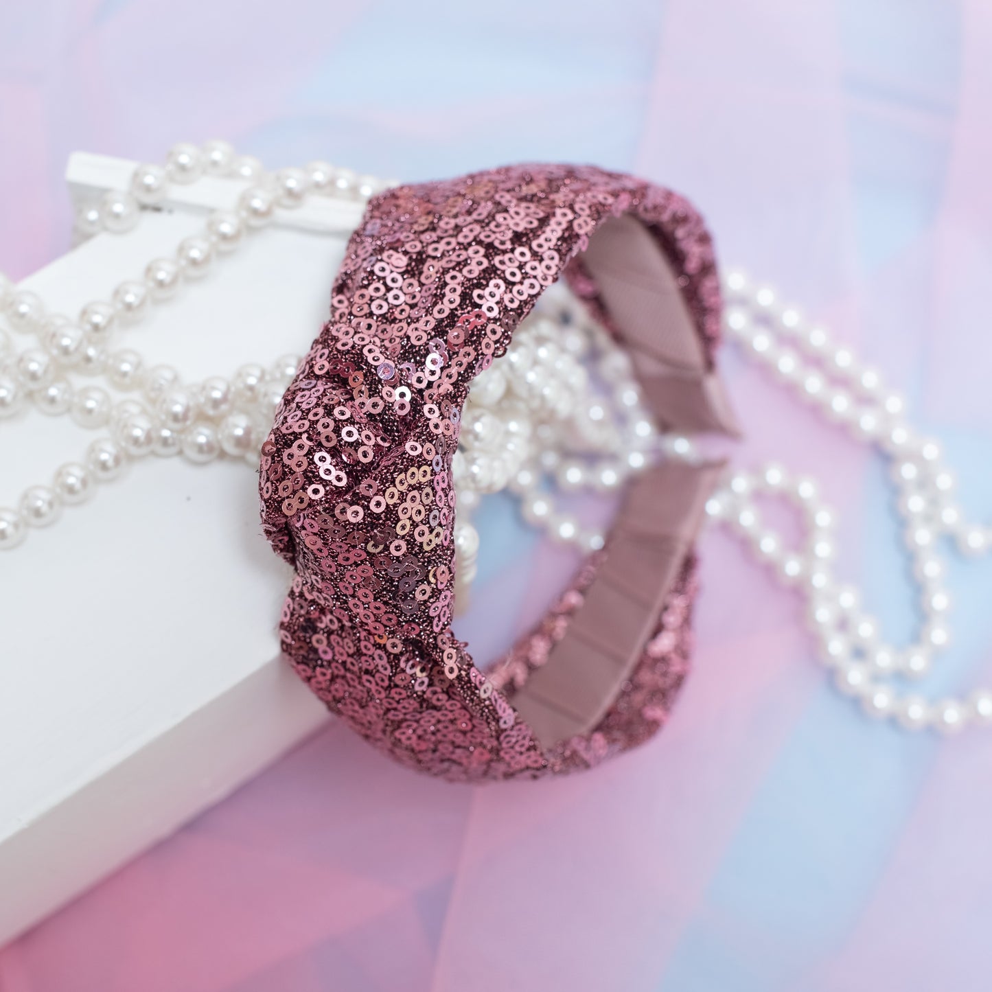 Party knotted hair band with sequins - Dusty Pink (1 single hair band = 1 quantity)