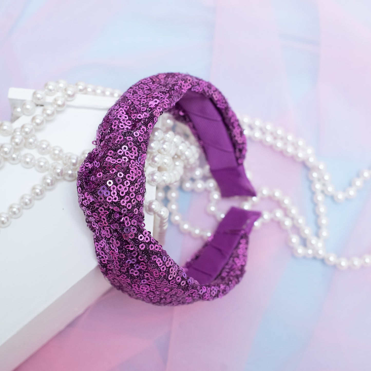 Party knotted hair band with sequins - Magenta (1 single hair band = 1 quantity)