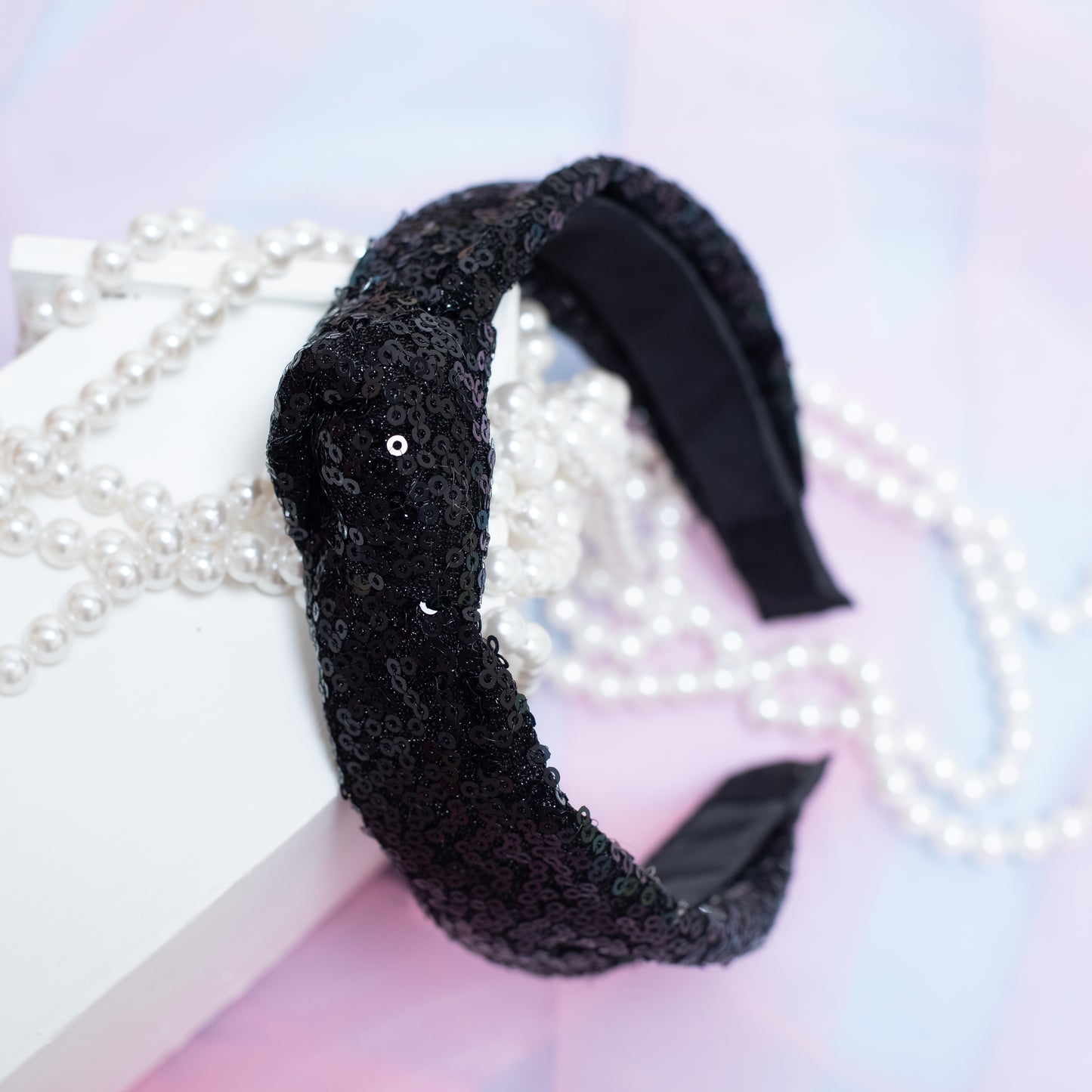 Party knotted hair band with sequins - Black (1 single hair band = 1 quantity)