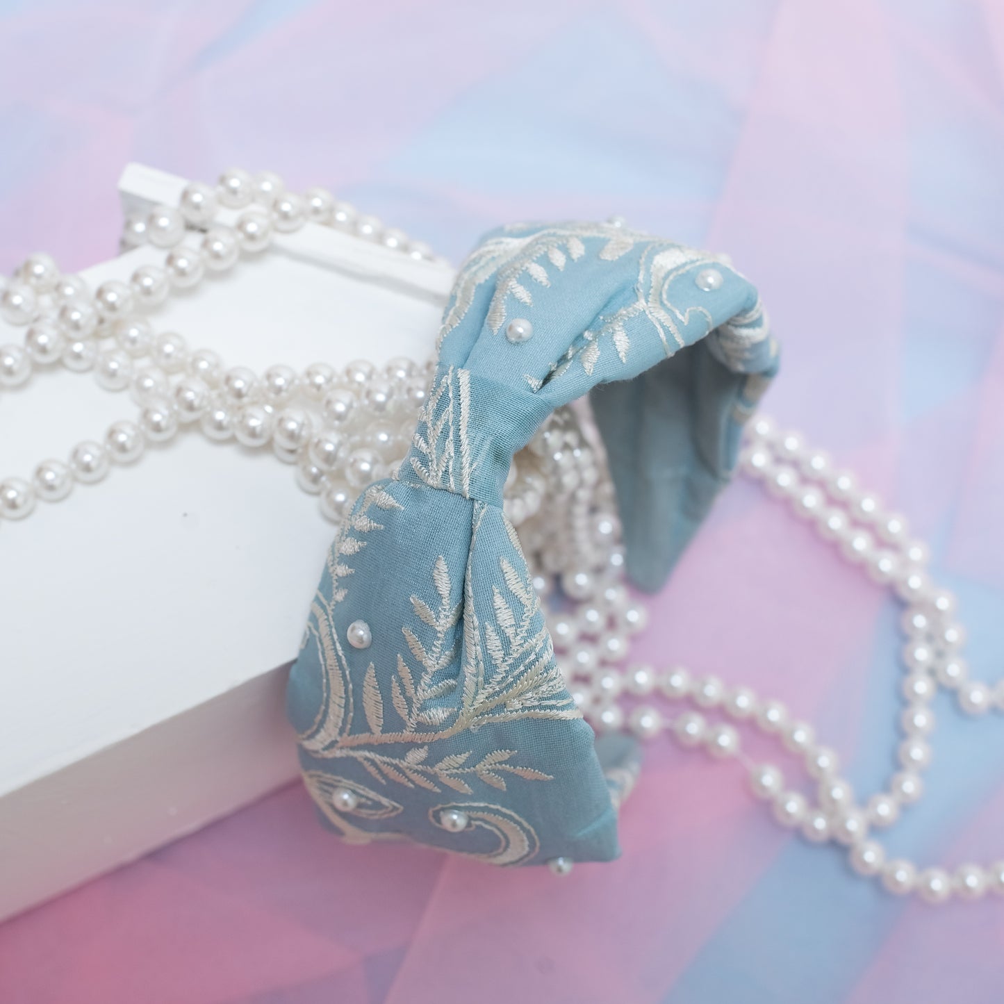 Embroidered Broad Hairband Embelished with Pearls - Sky Blue