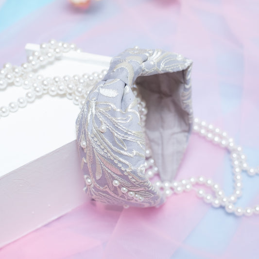 Embroidered Broad Hairband Embelished with Pearls - Light Gray