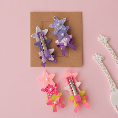 Combo :  Set of 2 cute glitter star alligator clips embellished with pearls and small bows  - Purple, Pink