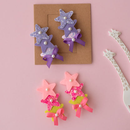 Cute glitter star alligator clips embellished with pearls and small bows  - Purple, Pink