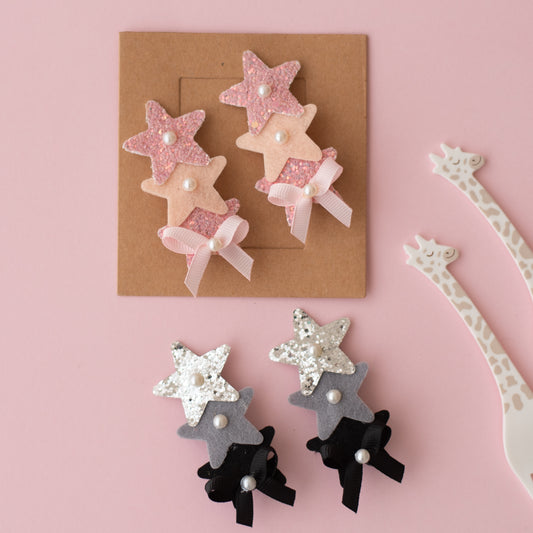 Combo :  Set of 2 cute glitter star alligator clips embellished with pearls and small bows  - Peach, Black, Silver