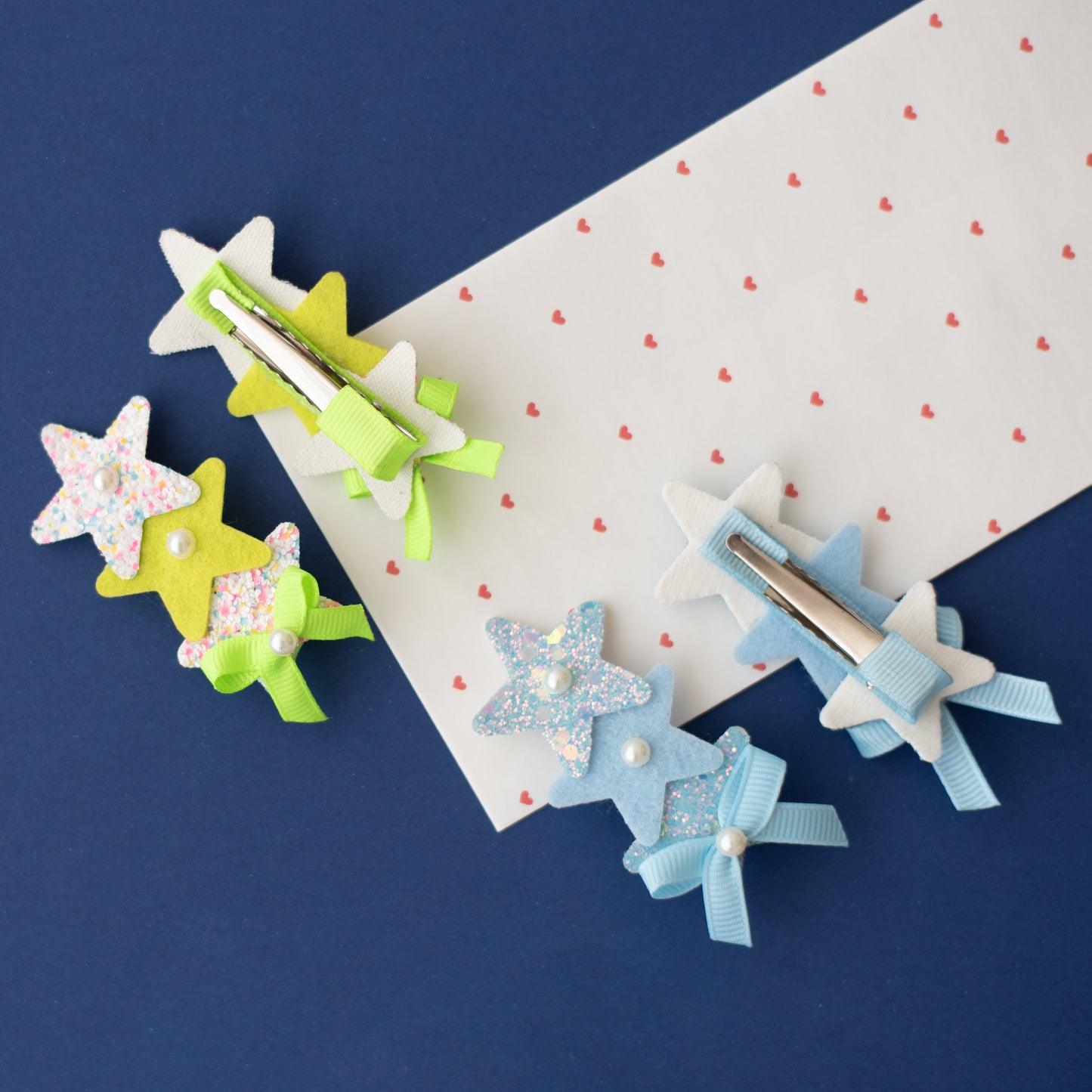 Cute glitter star alligator clips embellished with pearls and small bows  - White, Blue, Fluoroscent Green