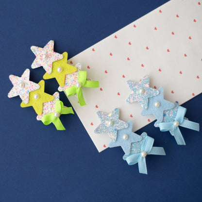 Combo :  Set of 2 cute glitter star alligator clips embellished with pearls and small bows  -White, Fluoroscent Green, Blue