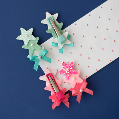 Combo :  Set of 2 cute glitter star alligator clips embellished with pearls and small bows  - Sea green , Pink