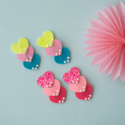 Combo : Set of 2 cute shimmer heart tic-tac pins embellished with pearls  - Yellow, Pink, Blue