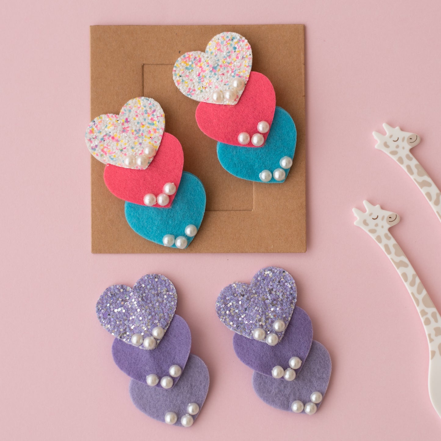 Combo : Set of 2 cute shimmer heart tic-tac pins embellished with pearls  - White, Pink, Blue, Purple