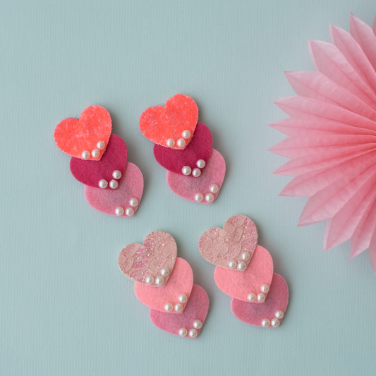 Combo : Set of 2 cute shimmer heart tic-tac pins embellished with pearls  - Orange, Pink, Offwhite