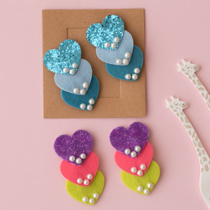 Combo : Set of 2 cute shimmer heart tic-tac pins embellished with pearls  - Blue, Purple, Pink, Fluorescent Green