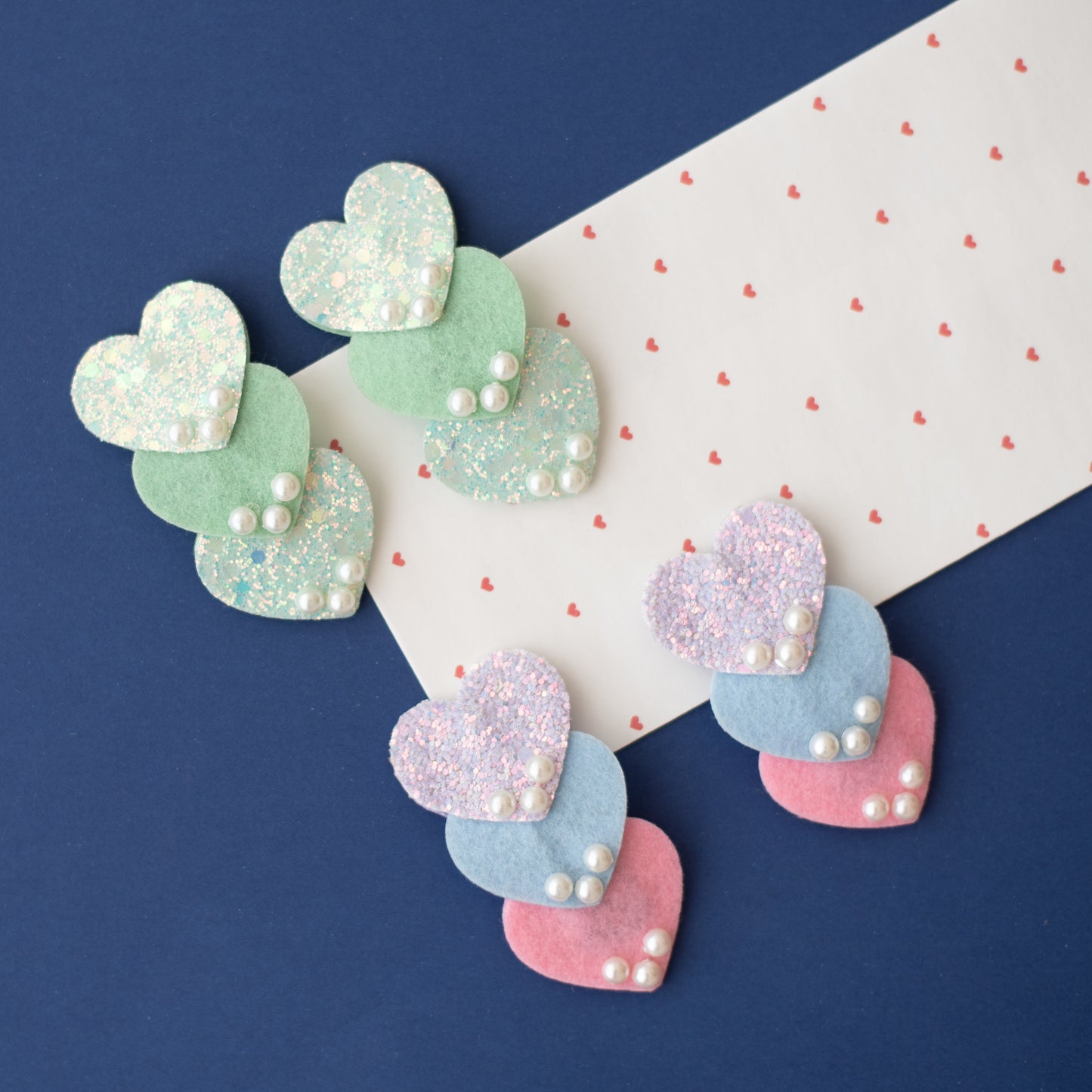 Combo : Set of 2 cute shimmer heart tic-tac pins embellished with pearls  - Sea green, Pink, Light blue