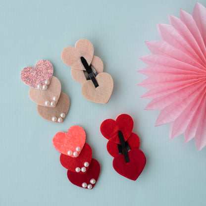 Cute shimmer heart tic-tac pins embellished with pearls  - Red, Offwhite