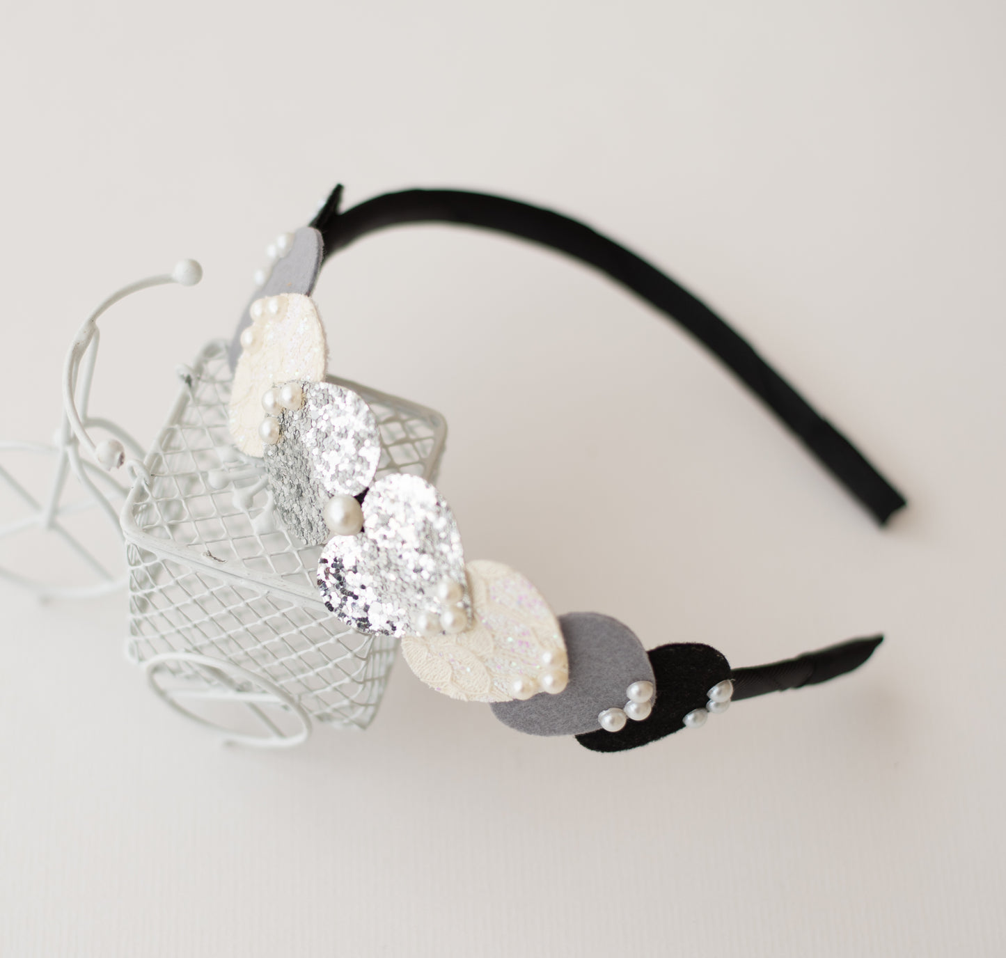 Dainty hairband with cascading hearts and pearl detailing - Black, Grey, White, Silver