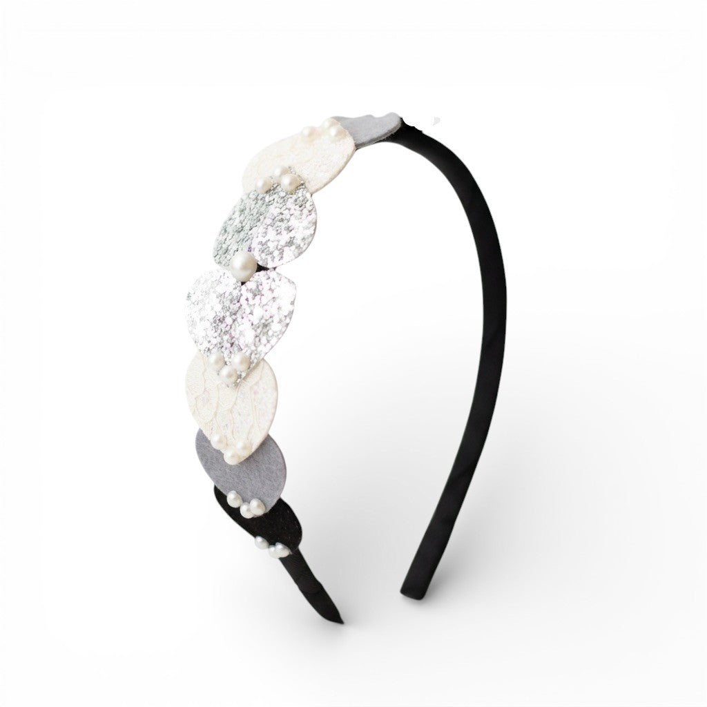 Dainty hairband with cascading hearts and pearl detailing - Black, Grey, White, Silver