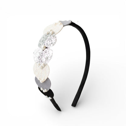 Dainty hairband with cascading hearts and pearl detailing - Black, Grey, White, Silver