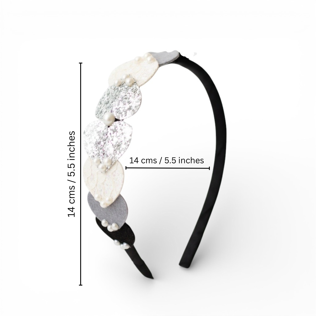 Dainty hairband with cascading hearts and pearl detailing - Black, Grey, White, Silver