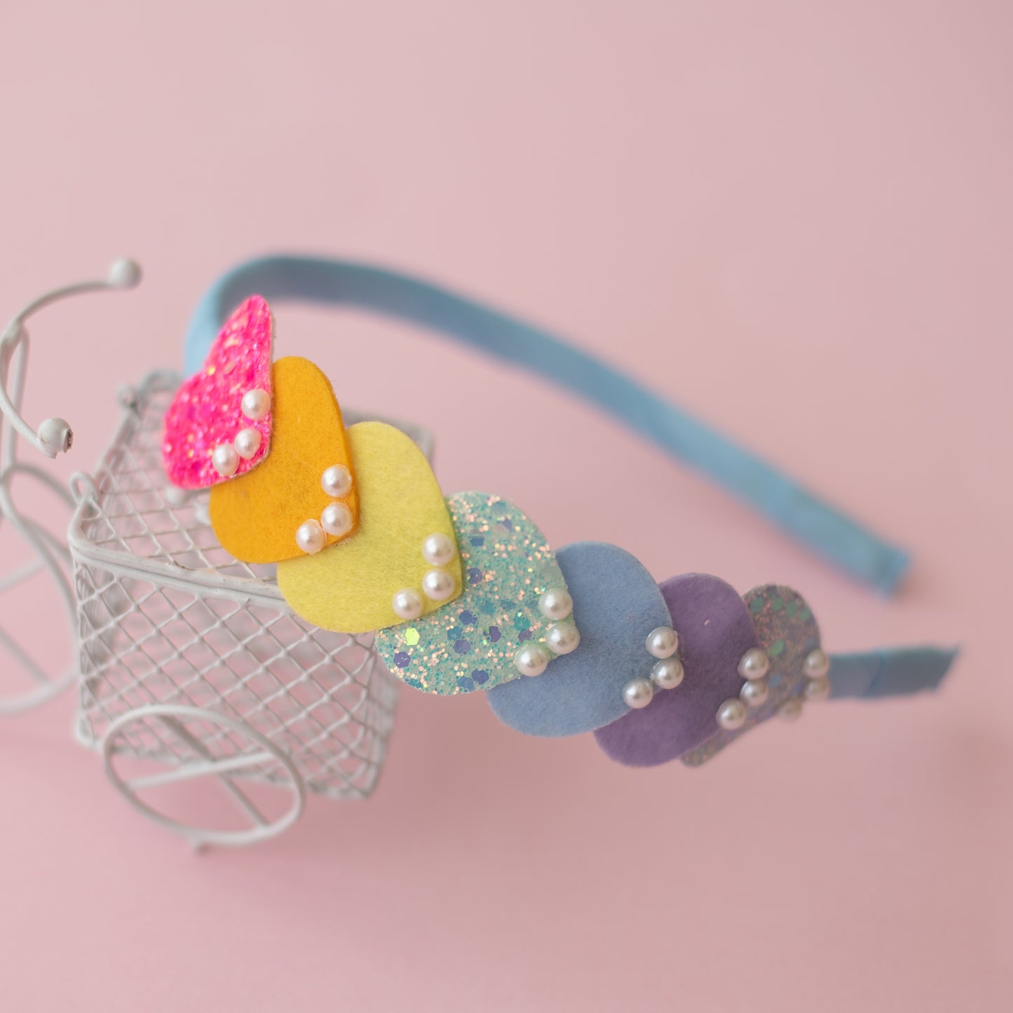 Dainty hairband with cascading hearts and pearl detailing - Light blue, Purple, Pink, Yellow